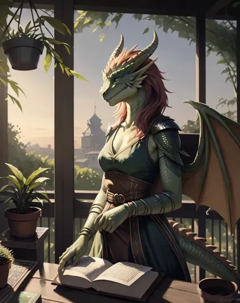 Female dragonborn, green dragonborn, solo, horns, wings, tail, red hair, fantasy dress, detailed face, potting up a plant with dirt, book on desk, dusk, porch with lots of pot plants and vines, ((masterpiece, best quality)), art by greg rutkowski <lora:dragonborn_offset:1>