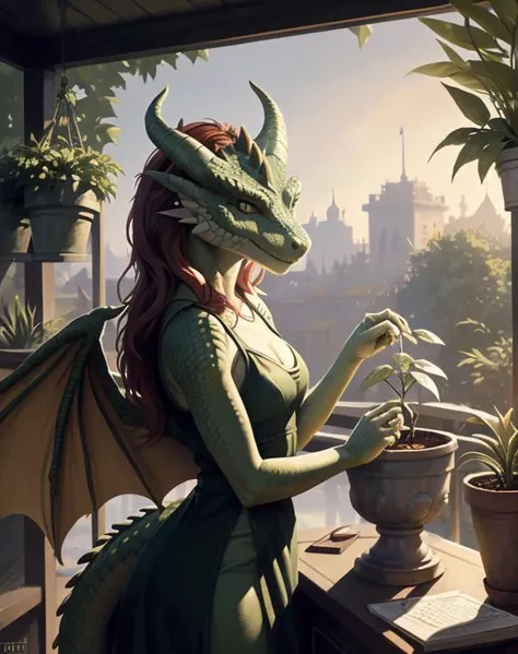 Female dragonborn, green dragonborn, solo, horns, wings, tail, red hair, fantasy dress, detailed face, potting up a plant with dirt, book on desk, dusk, porch with lots of pot plants and vines, ((masterpiece, best quality)), art by greg rutkowski <lora:dragonborn_offset:1>