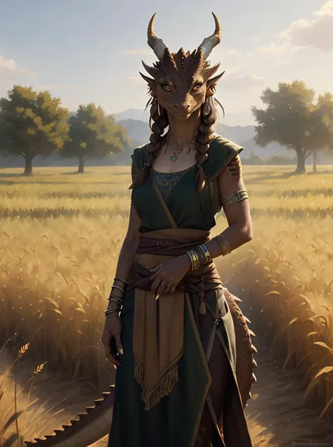 brown dragonborn, solo, looking at viewer, female, tail, braid, female focus, wheat field, earrings, horns, arm across waist, necklace, bracelet, claws, ((masterpiece, best quality)), art by greg rutkowski <lora:dragonborn_offset:1>