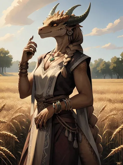 brown dragonborn, solo, looking at viewer, female, tail, braid, female focus, cowboy shot, wheat field, earrings, horns, drawing, hand up, necklace, bracelet, claws, colored sclera, dragon horns, ((masterpiece, best quality)), art by greg rutkowski <lora:dragonborn_offset:1>
