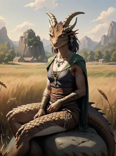 brown dragonborn, solo, female, waivy hair, female focus, sitting on a rock in wheat field, looking to the side, tail following the edge of the rock, earrings, feminine horns, necklace, small village in background, in the style of greg rutkowski, masterpiece, best quality, <lora:dragonborn_offset:1>