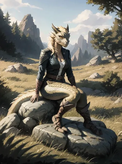 sandy blonde dragonborn female, posing for image, sitting on a rock, grass field, happy pose, looking to the side, tail following the edge of the rock, horns, village in distance, in the style of greg rutkowski, masterpiece, best quality,  <lora:dragonborn_offset:1>