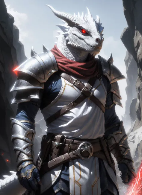 white dragonborn, solo, red eyes, male, weapon, male focus, outdoors, horns, belt, armor, blurry, blurry background, glowing, shoulder armor, glowing eyes, pauldrons, weapon on back
, ((masterpiece, best quality)), art by greg rutkowski  <lora:dragonborn_offset:1>