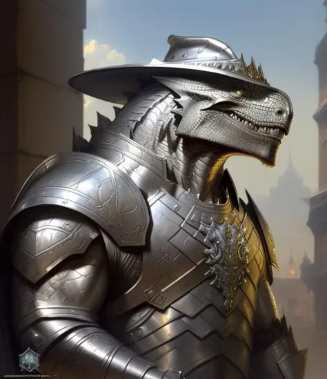 male silver dragonborn, ((wearing a hat)), wearing heavy metal armor, ((masterpiece, best quality)), art by greg rutkowski  <lora:dragonborn_offset:1>