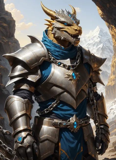 gold dragonborn, solo, blue eyes, male, standing, male focus, cowboy shot, horns, teeth, armor, chain, helmet, sharp teeth, shoulder armor, gauntlets, claws, 1other, pauldrons, breastplate, faulds, full armor, gold armor
, ((masterpiece, best quality)) <lora:dragonborn_offset:1>