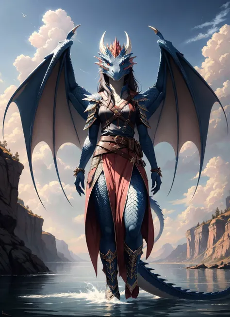 dragonborn, female, horns, tail, wings, watercraft, solo, ship, long hair, tail, black hair, dragon girl, dragon horns, blood, scales, dragon wings, belt, water, signature, looking at viewer, sky, outdoors, standing, facial mark, cloud, monster girl, brown hair, boat, scales
, ((masterpiece, best quality)), art by greg rutkowski <lora:dragonborn_offset:1>