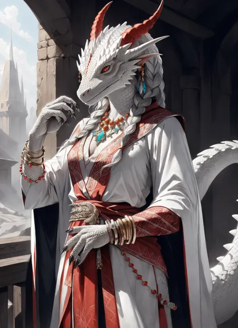 white dragonborn, solo, looking at viewer, red eyes, female, jewelry, tail, braid, female focus, cowboy shot, earrings, horns, drawing, hand up, necklace, bracelet, claws, colored sclera, dragon horns, beads, robe
, ((masterpiece, best quality)), art by greg rutkowski <lora:dragonborn_offset:1>