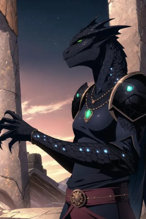 black (dragonborn:1.25), solo, upper body, female, jewelry, closed mouth, green eyes, female focus, horns, belt, sword, necklace, armor, glowing, shoulder armor, glowing eyes, claws, pauldrons, scales, (dark ancient temple, black ruins, stone altar, pillars, runes:0.9), (night sky, space:0.7), (dark night:1.1), ((masterpiece, best quality)), <lora:dragonborn_offset:1> <lora:castlevania_style_offset:0.4>