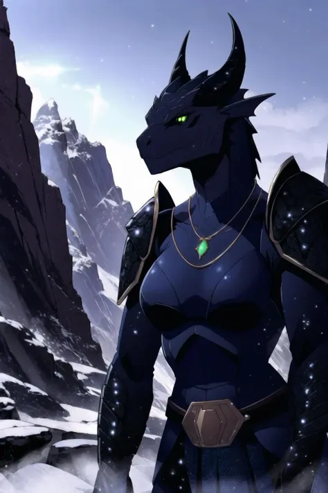 black (dragonborn:1.25), solo, upper body, female, jewelry, closed mouth, green eyes, (female focus:1.1), horns, belt, sword, necklace, armor, (glowing:0.9), shoulder armor, glowing eyes, claws, pauldrons, scales, (dark ancient temple, black ruins, stone altar, pillars, runes:0.9), (night sky, space:0.7), (dark night:1.1), ((masterpiece, best quality)), <lora:dragonborn_offset:1> <lora:western_animation_style:0.4>