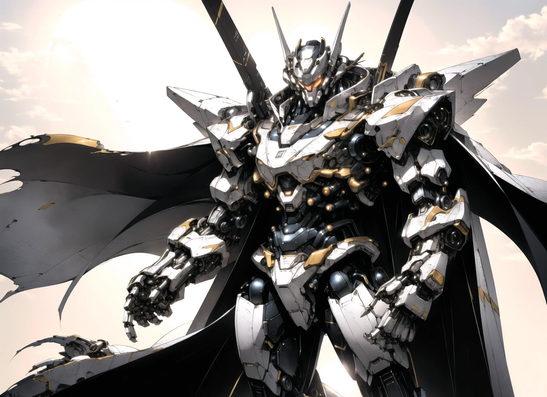 cgmech,
solo, white mecha robot, cape, science fiction, torn clothes, glowing, standing, robot joints, mecha, armor, cowboy shot, (floating cape), intense sunlight, silver dragonborn
, ((masterpiece, best quality)), <lora:cgmechmix_offset:1><lora:more_details:0.3> <lora:Niji:0.5><lora:dragonborn_offset:0.7>