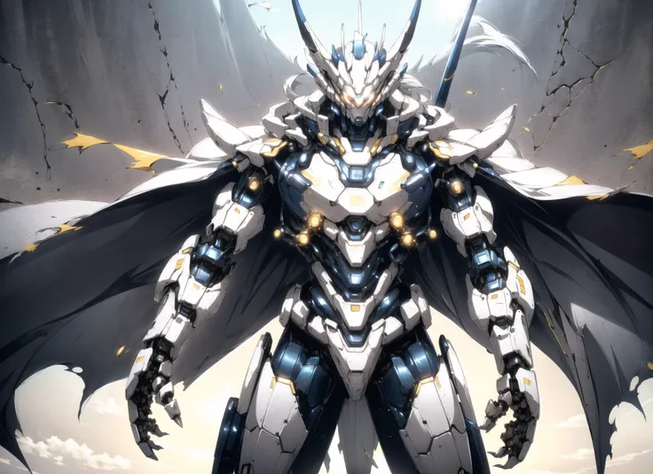 cgmech,
solo, white mecha robot, cape, science fiction, torn clothes, glowing, standing, robot joints, mecha, armor, cowboy shot, (floating cape), intense sunlight, silver dragonborn
, ((masterpiece, best quality)), <lora:cgmechmix_offset:1><lora:more_details:0.3> <lora:Niji:0.5><lora:dragonborn_offset:0.7>
