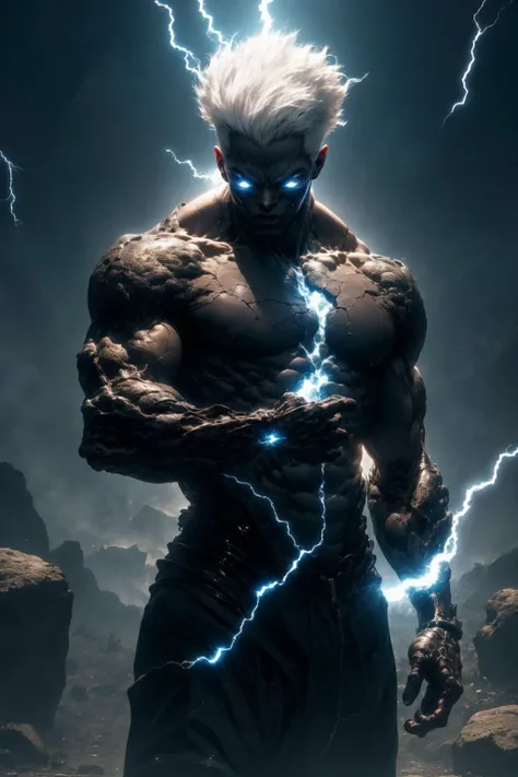 black humanoid made of rock, upper body, barechested, male,  ((masterpiece, best quality)),  <lora:more_details:0.3>, cracked skin, white electricity coming through cracks, muscular male, (dragonborn:0.6), white hair
outdoors, detailed background <lora:dragonborn_offset:0.6> <lora:r1ge - AnimeRage:0.8> <lora:Cracked Skin:1.1>