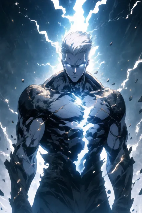 black humanoid made of rock, upper body, barechested, male, ((masterpiece, best quality)), <lora:more_details:0.3>, cracked skin, white electricity coming through cracks, muscular male, (dragonborn:0.6), white hair
outdoors, detailed background <lora:dragonborn_offset:0.6> <lora:r1ge - AnimeRage:0.8> <lora:Cracked Skin:1.1>
