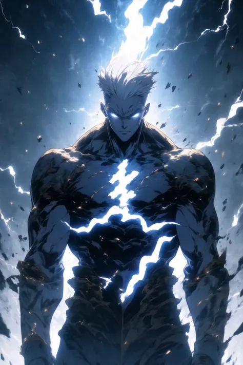 black humanoid made of rock, upper body, barechested, male, ((masterpiece, best quality)), <lora:more_details:0.3>, cracked skin, white electricity coming through cracks, muscular male, (dragonborn:0.6), white hair
outdoors, detailed background <lora:dragonborn_offset:0.6> <lora:r1ge - AnimeRage:1> <lora:Cracked Skin:1.2>