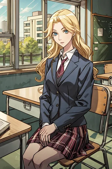 (masterpiece),(best quality), <lora:KimuraKaere:0.85>, Kimura, school uniform, blonde hair, blue eyes, blackboard, chair, desk next to the window, sitting, windows, sunlight, best quality ,<lora:Adddetail:0.7>