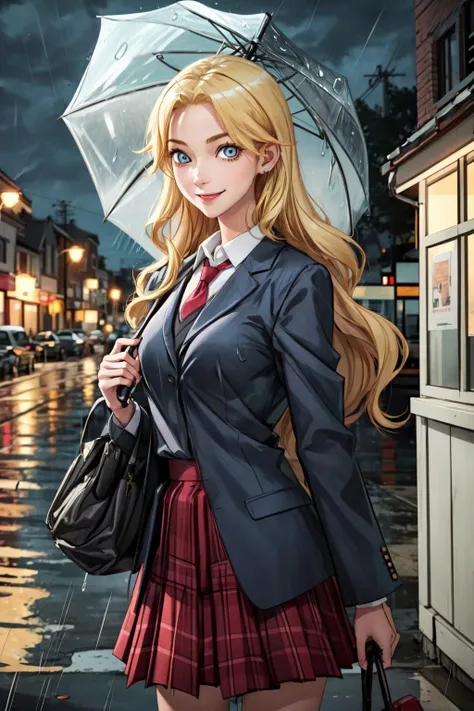 (masterpiece),(best quality), <lora:KimuraKaere:0.80>, Kimura, blonde hair, blue eyes, dry school uniform, standing, smile, holding a large umbrella, close to the viewer, (night:1.3), (outside), (rains:1.1),street, <lora:Adddetail:0.7>, dutch angle