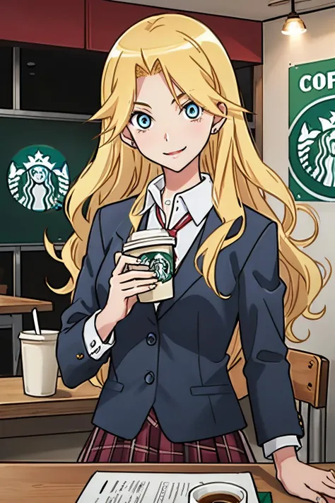 <lora:KimuraKaere:0.8 >Kimura, blonde hair, blue eyes, school uniform
beautiful, masterpiece, best quality, coffee, starbucks, smile