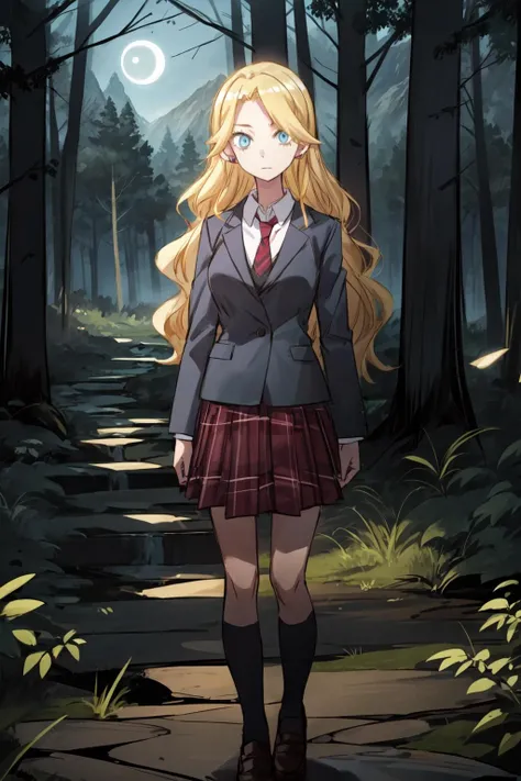 (masterpiece),(best quality), <lora:KimuraKaere:0.85>, Kimura, school uniform, blonde hair, blue eyes, low moon light, (((standing))), mountains, (((night))), (((path in a dark forest))), <lora:Adddetail:0.7>,