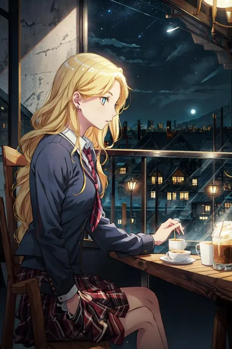 (masterpiece),(best quality), <lora:KimuraKaere:0.8>, Kimura, blonde hair, blue eyes, school uniform, sitting in a cafe, (cafe shop), looking out of window, beautiful face, beautiful moonlight, ((night)), (RAW photo), perfect face, viewangle, (side view:1.3), , best quality, ((night)), <lora:Adddetail:0.7>, looking at the viewer