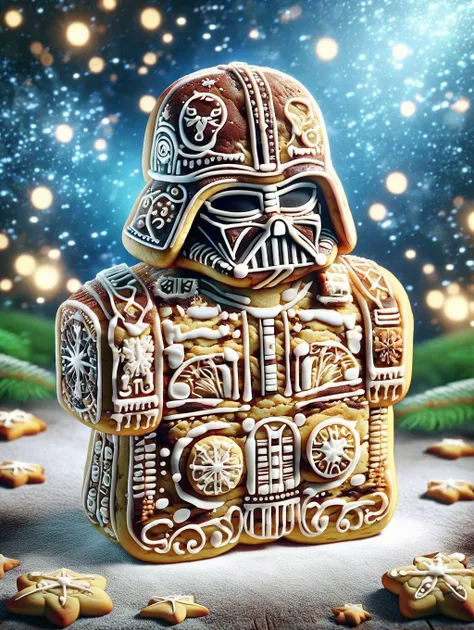 cinematic photo cinematic photo <lora:SDXLSugarCookie:1> sugarcookiestyle, Darth Vader, star wars theme, powdered sugar details, dark chocolate cookie  . 35mm photograph, film, bokeh, professional, 4k, highly detailed . 35mm photograph, film, bokeh, professional, 4k, highly detailed