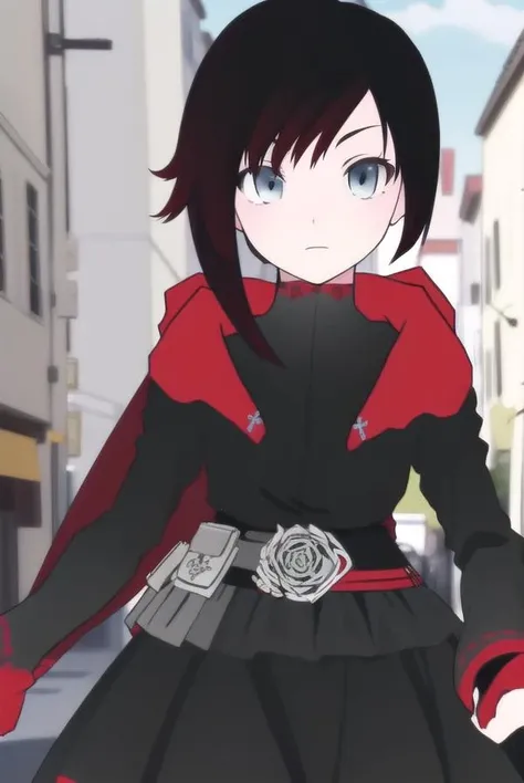 rubyrose, <lora:rubyrose-lora-nochekaiser:1>,
ruby rose, short hair, black hair, red hair, (grey eyes:1.5),
BREAK dress, pantyhose, cape,
BREAK looking at viewer,
BREAK outdoors,
BREAK <lora:GoodHands-vanilla:1>, (masterpiece:1.2), best quality, high resolution, unity 8k wallpaper, (illustration:0.8), (beautiful detailed eyes:1.6), extremely detailed face, perfect lighting, extremely detailed CG, (perfect hands, perfect anatomy),