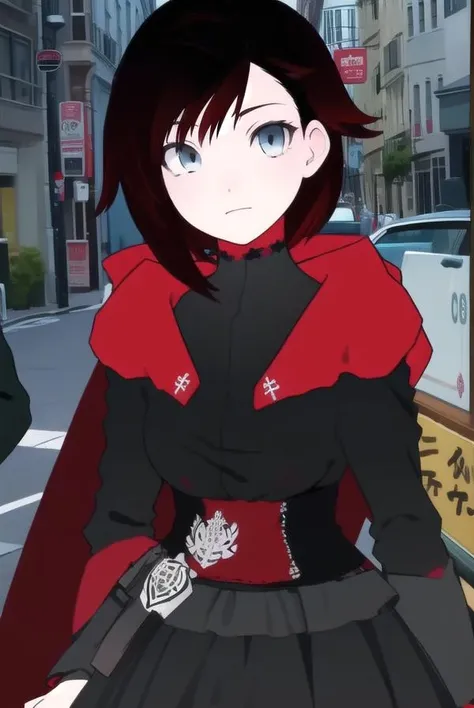 rubyrose, <lyco:rubyrose-lyco-nochekaiser:1>,
ruby rose, short hair, black hair, red hair, (grey eyes:1.5),
BREAK dress, pantyhose, cape,
BREAK looking at viewer,
BREAK outdoors,
BREAK <lora:GoodHands-vanilla:1>, (masterpiece:1.2), best quality, high resolution, unity 8k wallpaper, (illustration:0.8), (beautiful detailed eyes:1.6), extremely detailed face, perfect lighting, extremely detailed CG, (perfect hands, perfect anatomy),