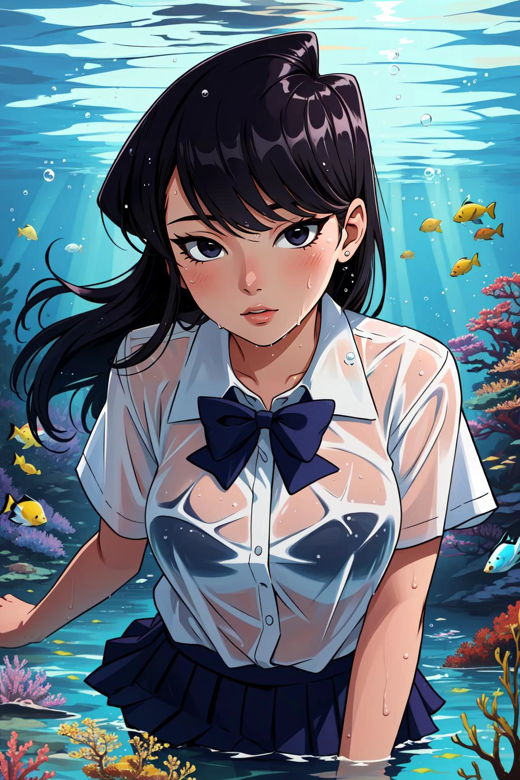 (masterpiece, best quality), intricate details,
1girl, <lora:komi_shouko-10:0.8> komi_shouko, school uniform, white shirt
underwater, wet clothes, see-through,