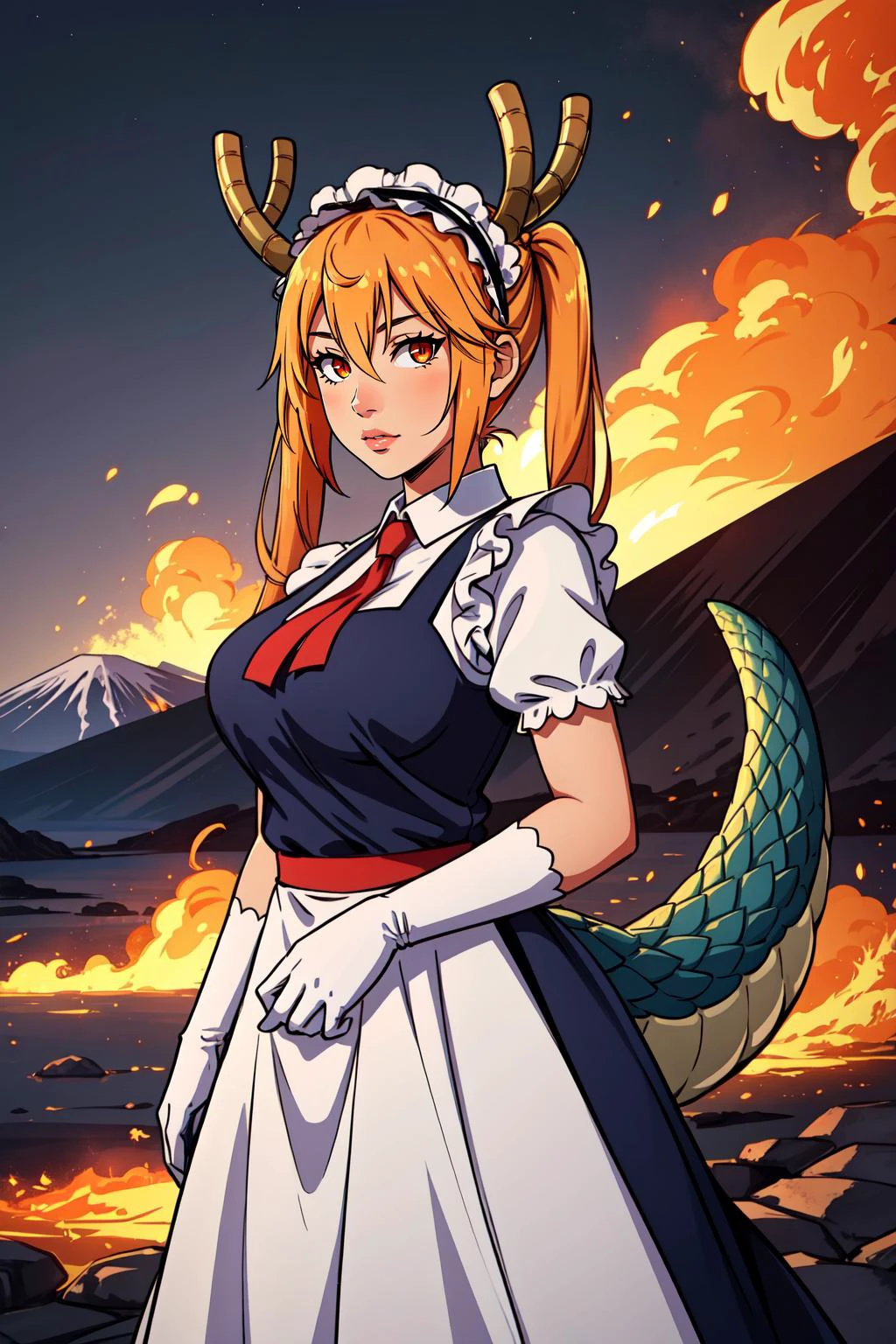 (masterpiece, best quality), intricate details,
1girl, <lora:Tohru-10:0.8> tohru, 1girl, long hair, horns, dragon horns, solo, dragon girl, twintails, looking at viewer, maid headdress, slit pupils, large breasts, maid, gloves, white gloves, hair between eyes, tail, dragon tail, short sleeves, dress, scales
lava, volcano, fire, smoke, red lighting,