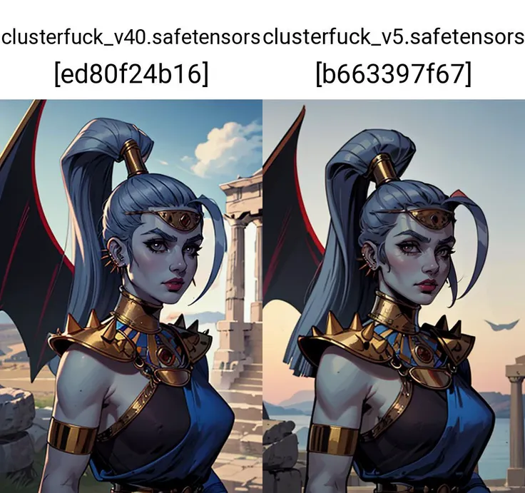 (masterpiece, best quality:1.2), <lora:megaera:.9>, megaera, 1girl, solo, ponytail, colored skin, breasts, piercing, ear piercing, blue skin, single wing, gorget, greek clothes, outdoors