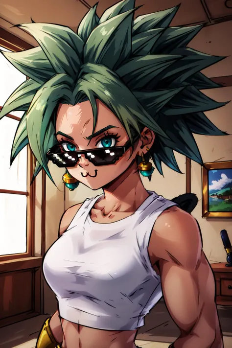 (masterpiece, best quality), intricate details,
1girl, <lora:kefla_dragon_ball-10:0.8> kefla_dragonball, muscular, jewelry, earrings, crop top, green hair,
<lora:Saya-looking over eyewear:0.8> looking over eyewear, sunglasses, indoors, <lora:DealWithIt2:0.8> incrsdealwithit, <lora:catmouth_v100:1> (:3, cat mouth:1.2)