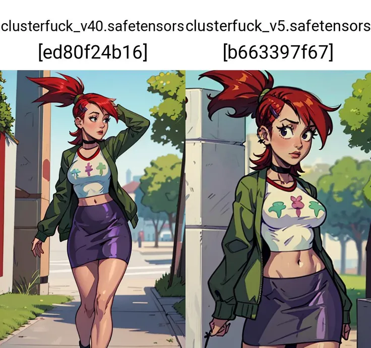 (masterpiece, best quality:1.2), <lora:frankiefoster:.9>, frankiefoster, 1girl, solo, breasts, skirt, medium breasts, shirt, hair ornament, jacket, white shirt, ponytail, choker, hairclip, midriff, crop top, black choker, purple skirt, green jacket, cropped shirt, outdoors,
