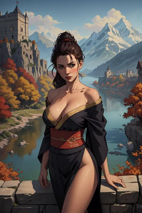 (masterpiece, best quality), intricate details, look at viewer, 
milf woman, ponytail, japanese clothes, black kimono, taut clothes, off shoulder, mid breasts, narrow waist, tall, tall female, realistic, (photorealistic:1.1),
ADD
excellent mountain landscape in autumn,vibrant colors,powerfull style with epic dramatism,river and lake, dark vampire castle in mountian peak, best quality,maximum quality,intricate details,ultrasahrp,ambient oclusion,realistic shadows,art by Bastien Lecouffe Deharme,8k,oil art,