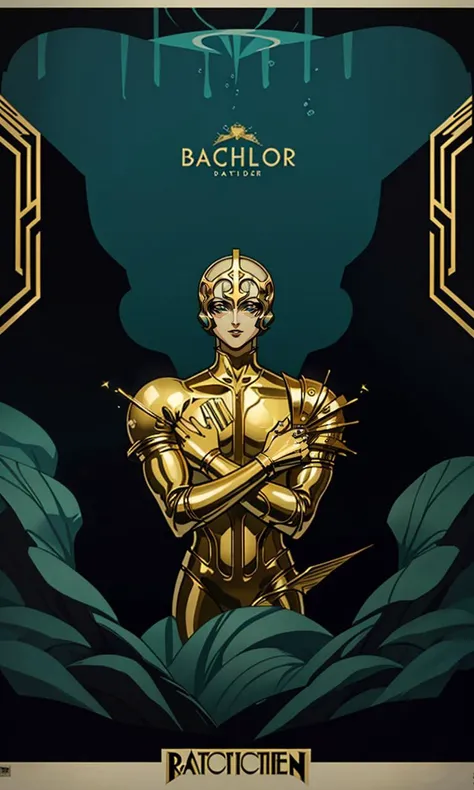 BioshockARTDECO, poster, 1930s \(style\), underwater city, simplistic, art deco, bioshock, rapture, gold statue, cinematic lighting