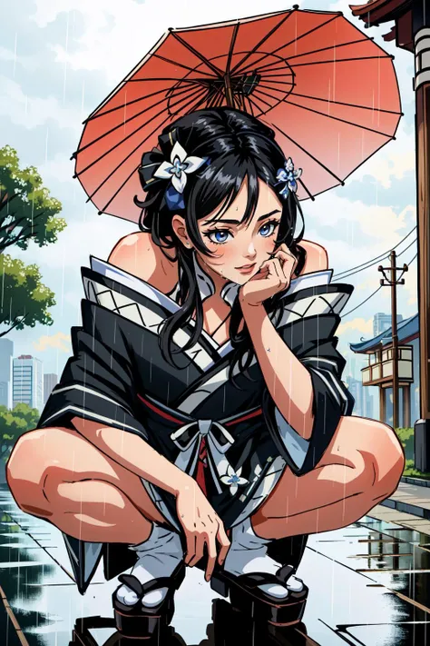 (masterpiece, best quality), intricate details,
1girl, <lora:hololive_zeta_v2-12:0.8> vestianewyr, hair bow, hair flower, japanese clothes, black kimono, off shoulder,
squatting, outdoors, rain, wet clothes, see-through,