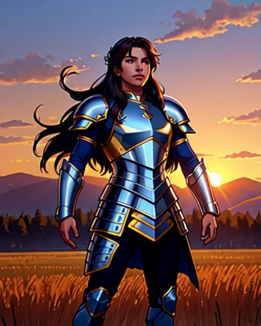 masterpiece, best quality, proud warrior, sunset, field, armor, male, long hair