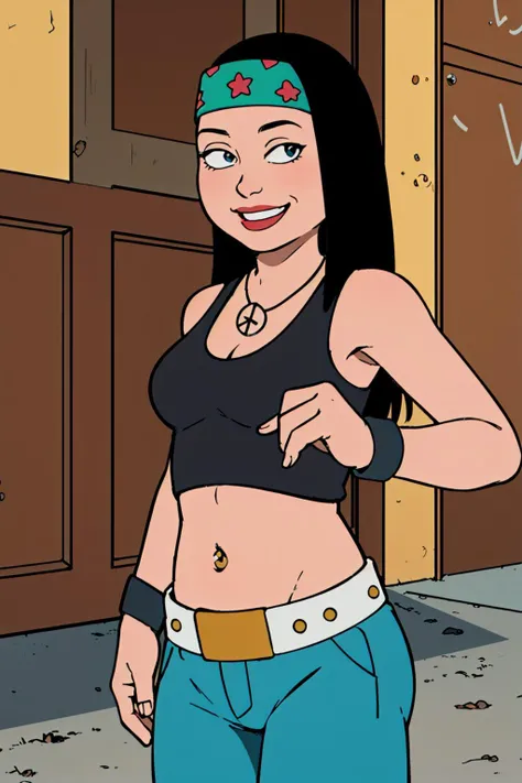 hayley, 1girl, black hair, long hair, solo, necklace, jewelry, tank top, headband, midriff, pants, sandals, belt, navel piercing,looking at viewer, smile, cowboy shot, <lora:Hayley1.0-000008:0.6>