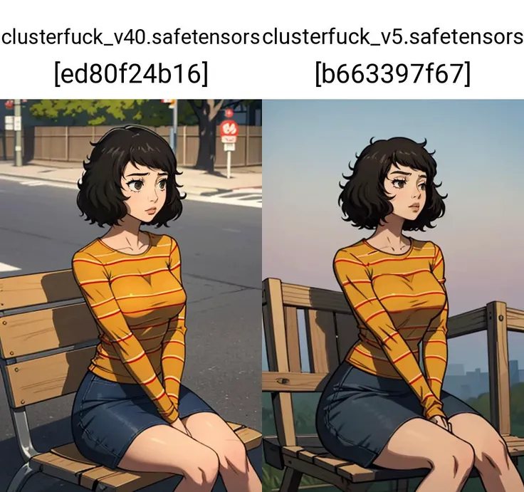(masterpiece, best quality:1.2), <lora:sadayokawakami:.9>, sadayokawakamisweater, 1girl, solo, breasts, medium breasts, skirt, shirt, striped, striped shirt, outdoors, sitting,