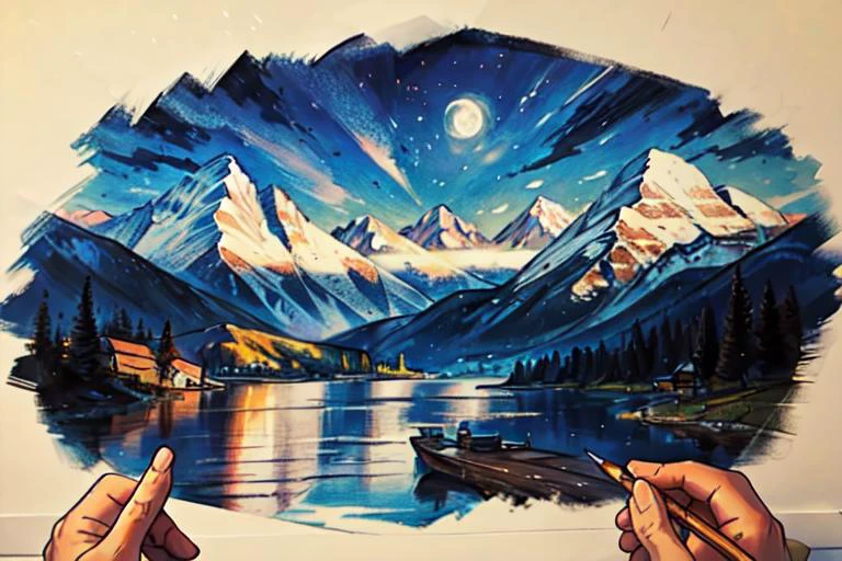 <lyco:concept-female_masturbation-v2:.6>, high quality, masterpiece, pencil drawing of a beautiful landscape, mountains, moonlight, lake, <lora:add_detail:.5>