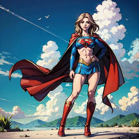 1girl, flying, chloe moretz, supergirl, cloudy sky, muscular female, large breasts, taut clothes, solo, full body, cape, realistic, (photorealistic:1.1), (lineart:0.8), (black outline:0.4), (thick outlines:0.5)