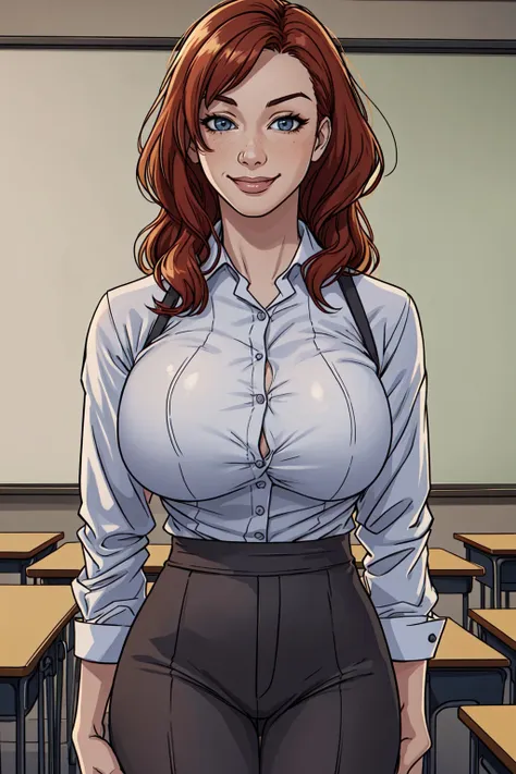 1girl, christina hendricks, teacher, business suit, dress shirt, taut clothes, classroom, standing, <lora:zoom_slider_v1:4>, large breasts, huge breasts, narrow waist, tall, tall female, smug, smirk, seductive smile, realistic, (photorealistic:1.1), <lora:thick lineart v1:0.66>, (lineart:0.8)