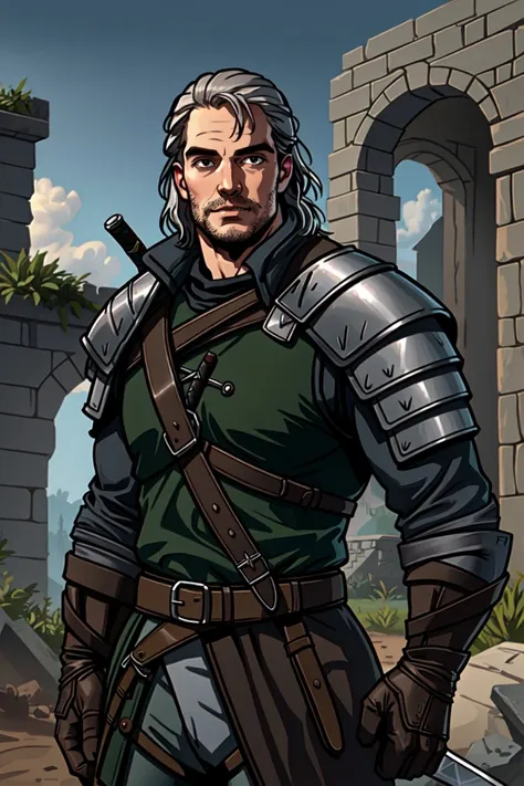 1boy, manly, grey hair, beard, leather armor, geralt of rivia, witcher, ruins, medieval, holding sword, (sword:0.5), henry cavill, realistic, (photorealistic:1.1), (lineart:0.8), black_outline