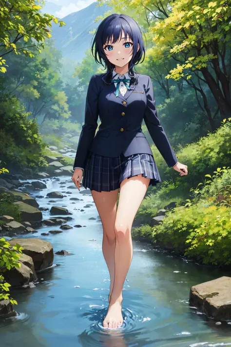 ((masterpiece)), (best quality), official art, highly detailed, detailed background, vivid color, detailed face,
asaka karin, 1girl, solo, medium hair, blue eyes, blue hair, sidelocks,
school uniform, nijigasaki academy school uniform, jacket, neck ribbon, happy,
full body, mountains,( walking in stream:1.5), bare foot,
<lora:KarinLL_v1.1:0.6>