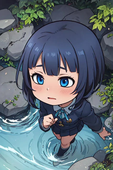 ((masterpiece)), (best quality), official art, highly detailed, detailed background, vivid color, ultra detailed face, sharp focus,
asaka karin, 1girl, solo, medium hair, blue eyes, blue hair, sidelocks, small breasts,
school uniform, nijigasaki academy school uniform, jacket, neck ribbon, expressionless, chilled, relaxed,
fullbody, walking, in stream, nature, mountains,
<lora:KarinLL_v1.1:0.7>