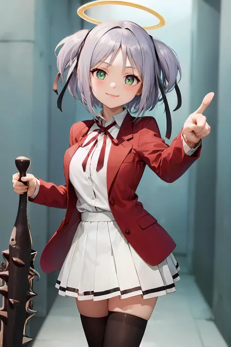(masterpiece, best quality:1.2), <lora:Mitsukai_Dokuro:1>, cowboy shot, solo, 1girl, mitsukaidokuro, smile, pointing at viewer, red_jacket, white_skirt, black_thighhighs, (bludgeon:1.2), school hallway