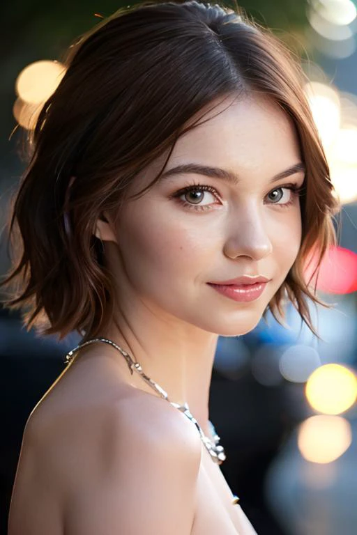 (masterpiece, best quality:1.4), 8k, highres, shiny skin, lips, super detailed skin, detailed beautiful face and eyes, 1girl, solo, breasts, looking at viewer, short hair, simple background, brown hair, dress, bare shoulders, jewelry, upper body, necklace, mole, from side, lips, grey eyes, black background, pearl necklace, night wet road, realistic, kooo123,   <lora:Emma_MyeOO_v1:0.8>