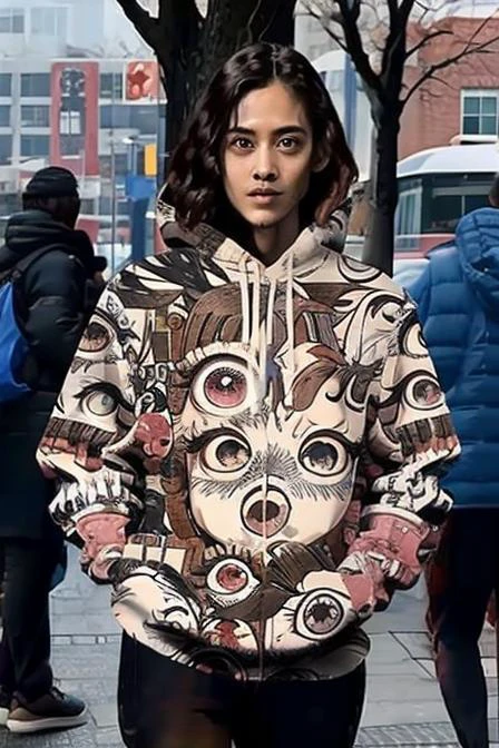 1 girl in hoodie, outdoor, public, <lora:ahegaoHoodie-000009:1> ahegao hoodie, <lora:eyes everywhere:1> eyes everywhere, full of eyes, yanjing, eyes,