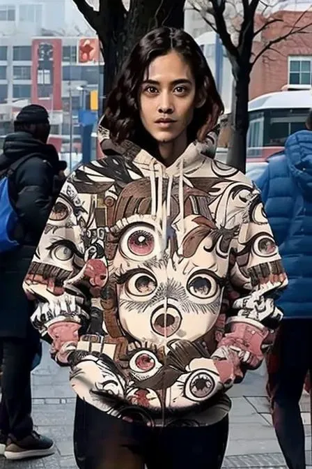 1 girl in hoodie, outdoor, public, <lora:ahegaoHoodie-000009:1> ahegao hoodie,  <lora:eyes everywhere:1> eyes everywhere, full of eyes, yanjing, eyes,