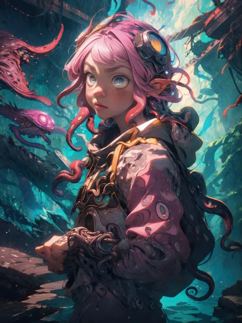 masterpiece, best quality, by artist junji ito style, shoggoth, body horror, black slime, melting, 1girl, <lora:ahegaoHoodie:1>, ahegao hoodie, wearing hoodie, blushing , <lora:CosmicEldritchTech:.5>, vivid colors, tentacles, spikes, chains, particle effects, 8k, absurdres, (extremely detailed CG unity 8k wallpaper), intricate storm of swirls of light in the head, stylized beauty, by petros afshar, ross tran, tom whalen, peter mohrbacher, artgerm, shattered glass, bubbly underwater scenery, radiant light, big eyes, , Hasselblad photography, 4k photograph, sharp focus, intricate details, ((intricate alien hood)), chubby, (pink collar) (tentacle hair:1.4), <lora:more_details:.3>, <lora:LAS:.5>, <lora:眼睛双:.5>