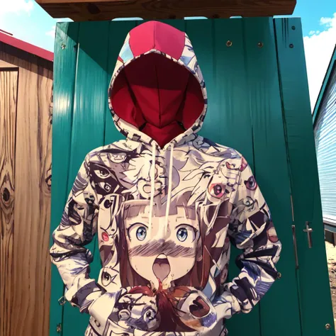 masterpiece, best quality, digimon, <lora:digimon_offset:0.8>, Beautiful Art Style, 1girl, young woman, ahegao hoodie, , honorable, chicken coop, <lora:ahegaoHoodie:1>