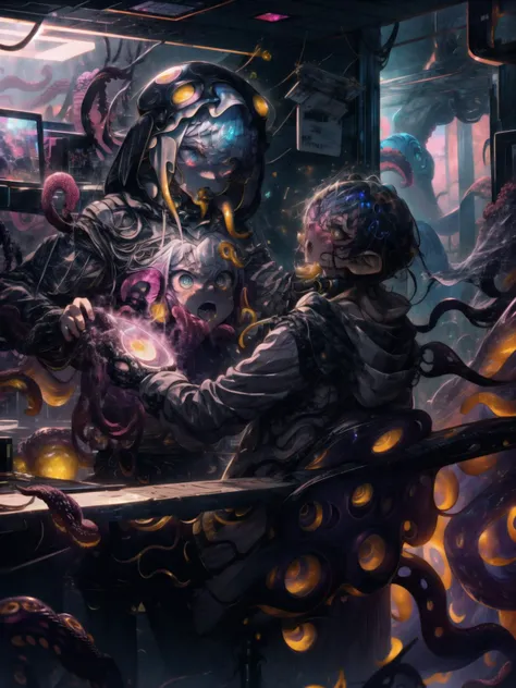(ahegao hoodie, wearing hoodie), cowboyshotmasterpiece, best quality,body horror, black slime, melting, 1girl, <lora:ahegaoHoodie:1>blushing , <lora:CosmicEldritchTech:.5>, vivid colors, tentacles, spikes, chains, particle effects, 8k, absurdres, (extremely detailed CG unity 8k wallpaper), stylized beauty, by petros afshar, ross tran, tom whalen, peter mohrbacher, artgerm, shattered glass, bubbly scenery, radiant light, big eyes, , Hasselblad photography, 4k photograph, sharp focus, intricate details, ((intricate alien hood)), chubby, (pink collar) (tentacle hair:1.4), <lora:more_details:.3>, <lora:眼睛双:.5>, multiple eyes,